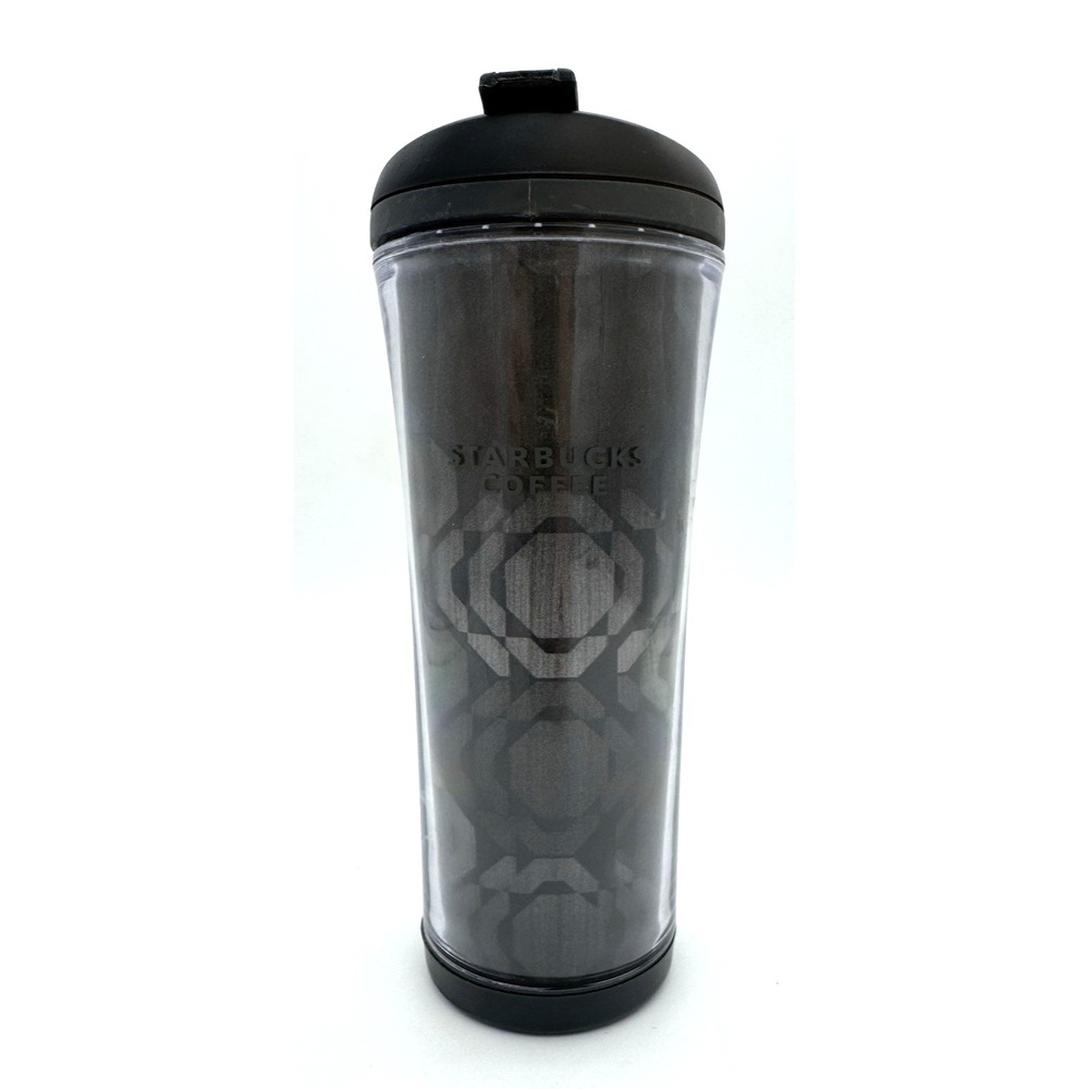 2007 Starbucks Black Silver Geometric 3D Optical Illusion 16oz Tumbler Flip Top